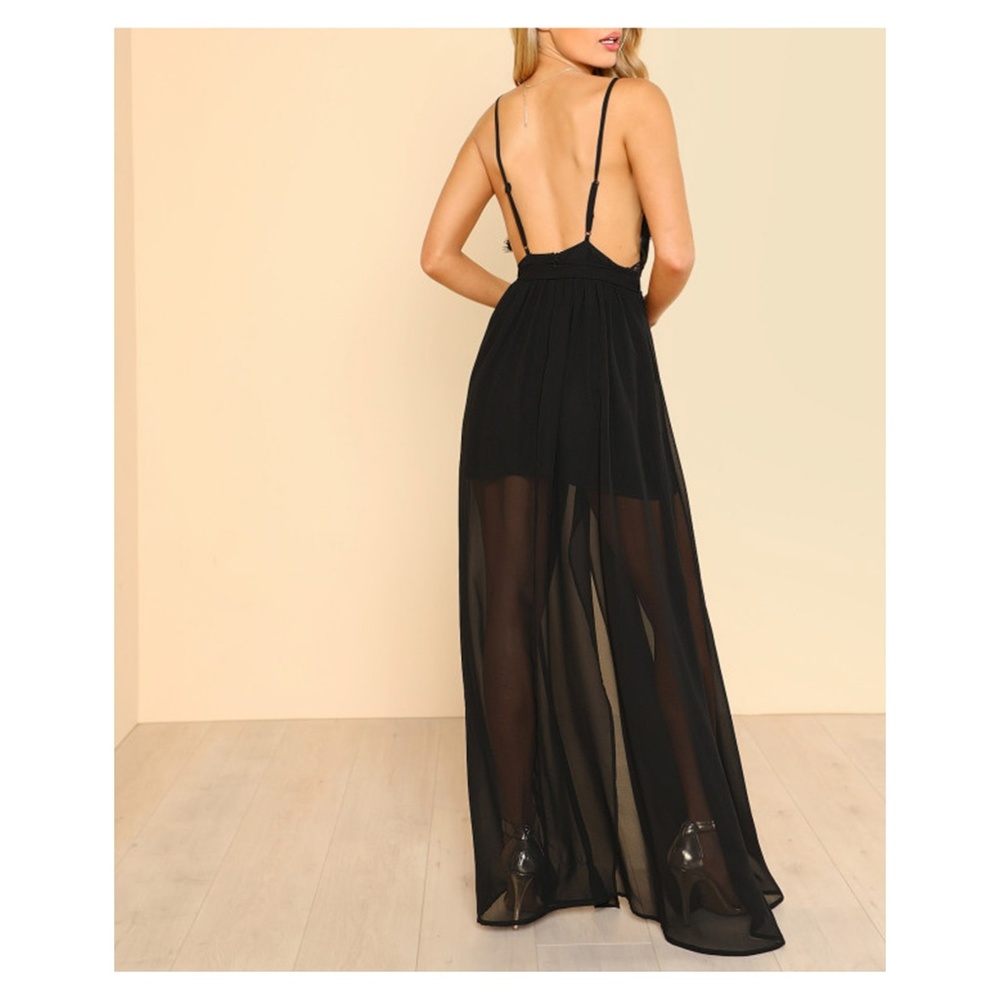 Black Sleeveless Sexy Slit Lace Formal Maxi Dress - Picture 2 of 8